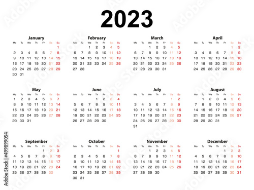 Calendar layout for 2023 year, week starts from Monday.