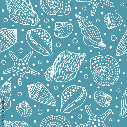 Sea shells, fossils, mollusks and starfish seamless pattern. Summer beach hand-drawn seaside vector print. Fashion textile monochrome blue and white colors. Seashore elements design for fabrics