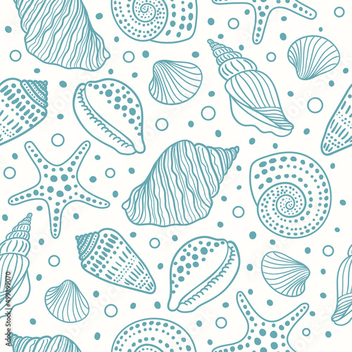 Sea shells, fossils, mollusks and starfish seamless pattern. Summer beach hand-drawn seaside vector print. Fashion textile monochrome blue and white colors. Seashore elements design for fabrics