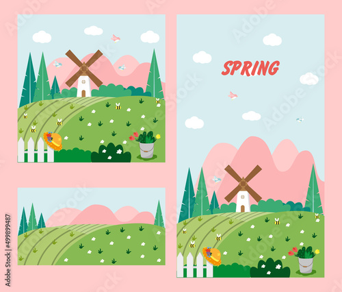Vector spring illustration for social media. Banner of landscape for advertising. Stories and photo for social media.