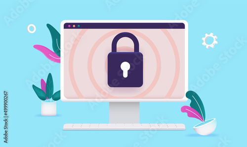 Computer security illustration with desktop screen and locked padlock in bright cartoon style vector
