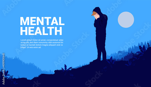 Mental health vector illustration of depressed man alone in landscape with copy space for text