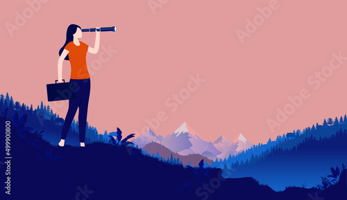 Business woman searching for career opportunities with binocular and casual clothing. Person with ambitions concept. Vector illustration with copy space for text