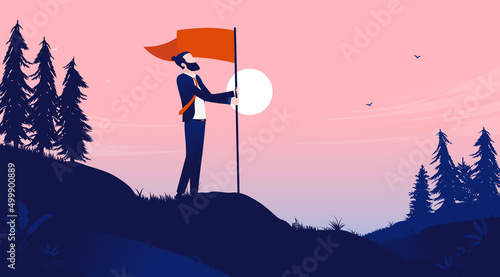 Man achievement - Successful businessman holding flag on hill in landscape celebrating winnings and victory. Vector illustration with copy space for text