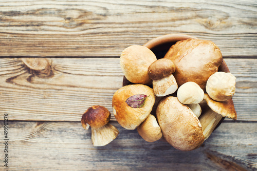 Fresh wild porcini mushrooms in a round bowl on a wooden board, top view, copy space 