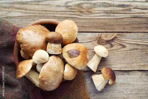 Fresh wild porcini mushrooms in a round bowl on a wooden board, top view, copy space 