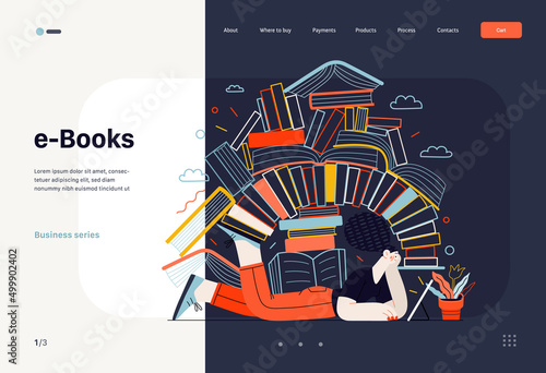 Technology Memphis - ebooks -modern flat vector concept digital illustration of a woman reading an electronic book containing a stack of printed books, metaphor. Creative landing web page template