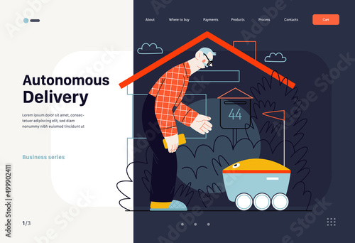 Technology Memphis - autonomous delivery -modern flat vector concept digital illustration of an elderly man inviting a last mile robot delivery truck. Creative landing web page template