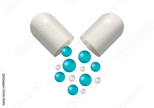 Medicine 3d pill, capsule vector icon, white open medical tablet, realistic drug half, pharmacy mockap, falling blue balls, treatment aid concept. Healthcare illustration isolated on white background photo