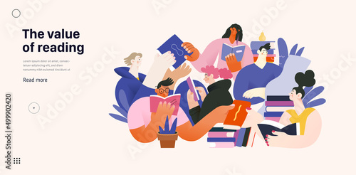 Books graphics -book week events. Modern flat vector concept illustrations of reading people - a group of men and women reading and sharing books and e-books on tablets sitting surrounded by plants