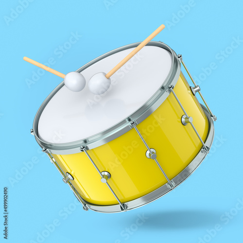 Realistic drum and wooden drum sticks on blue. 3d render of musical instrument