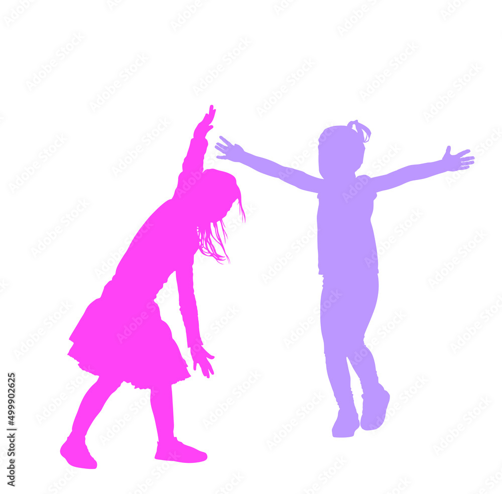 Friends summer love, sister girls hugging vector silhouette. Togetherness. Children tenderness and closeness. Young shy kids family love hug. Puberty. Happy little girlfriends play and enjoy outdoor.