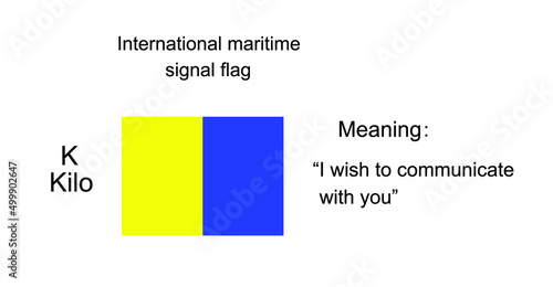 International maritime signal flag Kilo vector illustration. Alphabet visual communication between vessel boat. Fishing or military navy ship navigation system on ocean, sea. Protect against alert. photo