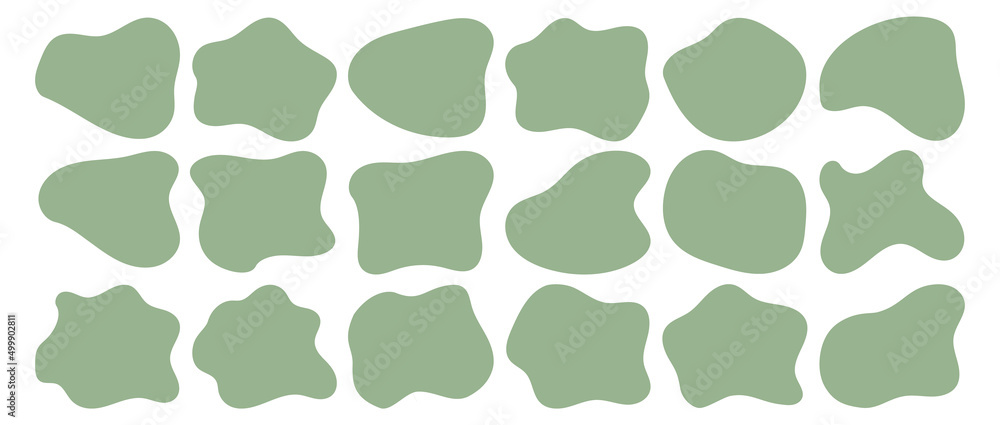 Green organic blob shape irregular form abstract vector illustration. Simple amoeba shape, asymmetric spot, irregular form. Eco color amorphous element set. Clipart of bubble blotch, deform drip - obrazy, fototapety, plakaty 