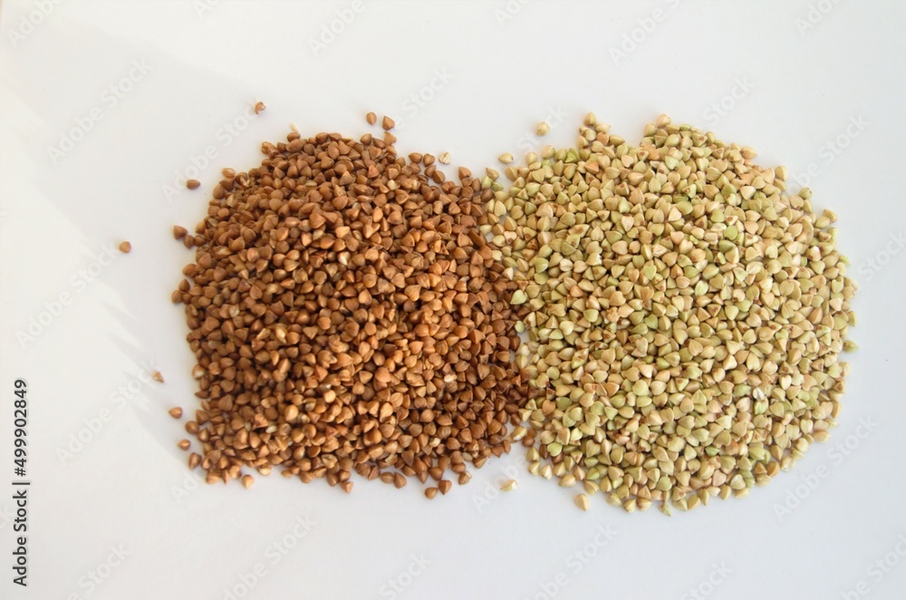 cereals of buckwheat and green unboiled buckwheat on a white background cereals of buckwheat and green unboiled buckwheat on a white background