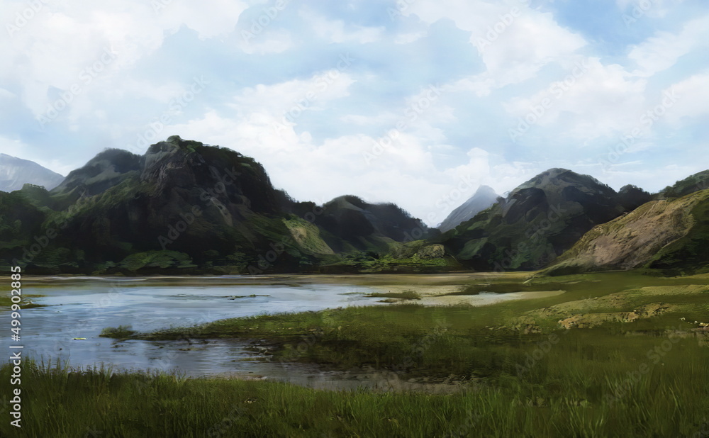 Fantastic Epic Magical Landscape of Mountains and lake. Summer nature. Mystic Valley. Artistic oil painting. Artwork sketch. Gaming background. Gray rocks and green plain. Book cover, poster