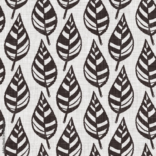 French grey botanical leaf linen seamless pattern with 2 tone country cottage style motif. Simple vintage rustic fabric textile effect. Primitive modern shabby chic kitchen cloth design.