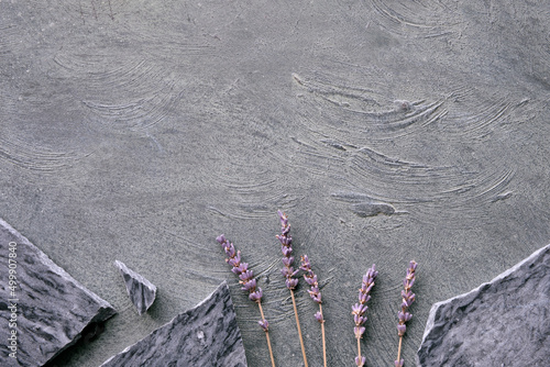 Layered flat stone background with broken pieces of granite plate and dry lavender plant. Dark natural backdrop, copy-space, place for text.
