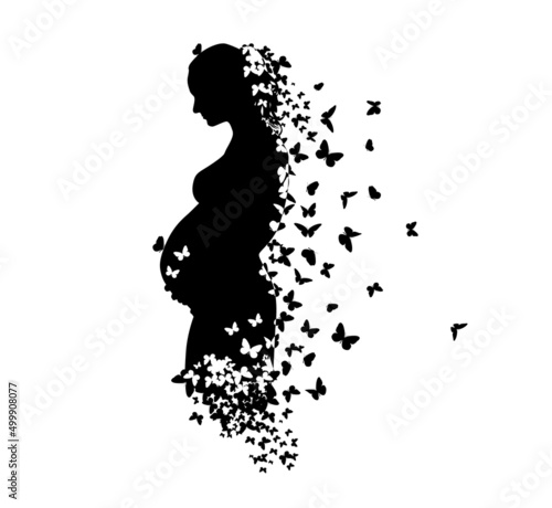 vector illustration of silhouette of pregnant woman and butterflies