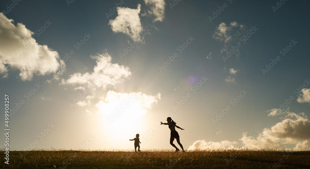 silhouette of mother child running playing on a meadow