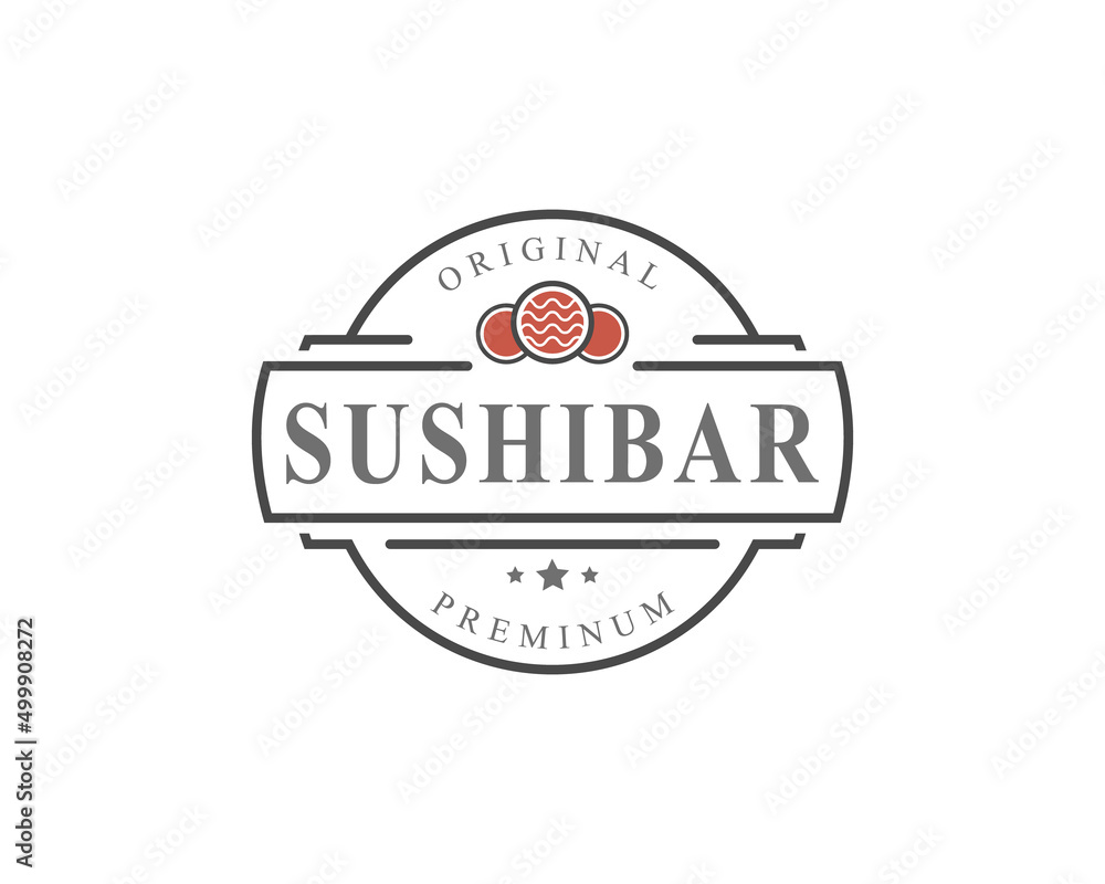 Obraz premium Vintage Retro Badge Sushi Restaurant Logos Japanese Food with Sushi Salmon Rolls Silhouettes