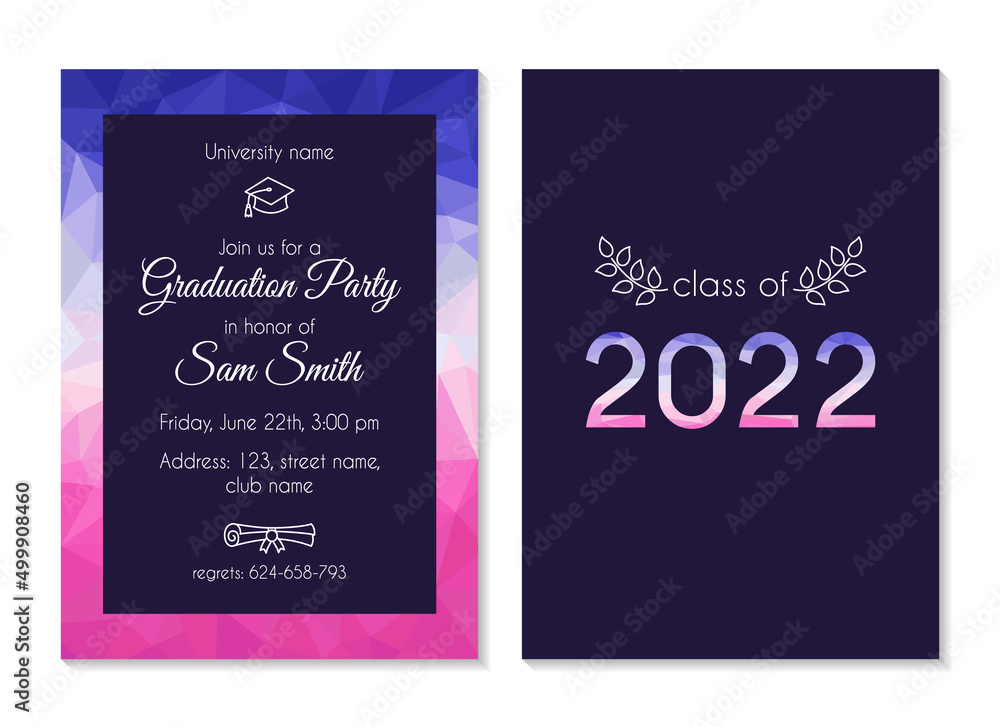 Vector template of announcement or invitation to Graduation ceremony or party of 2022. Grad poster on abstract geometric background. Vertical banner. Vector illustration