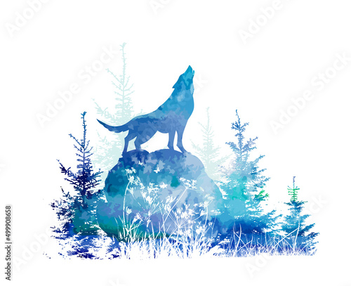 The wolf howls in the blue forest on a stone. Vector illustration