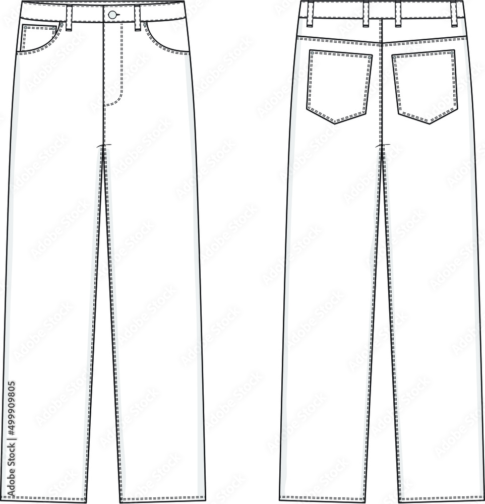 Straight Leg Jeans Flat Technical Drawing Illustration Five Pocket Classic  Blank Streetwear Mock-up Template for Design and Tech Packs CAD. Stock  Vector | Adobe Stock