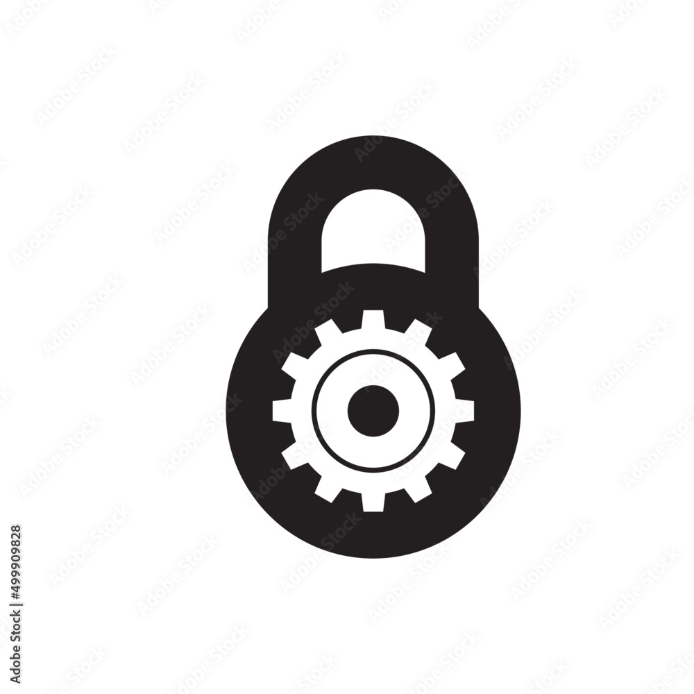 Lock control, security options, padlock with cogwheel  icon in black flat glyph, filled style isolated on white background