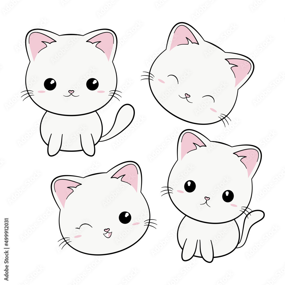 Zestaw słodkich białych kotków z różnymi minami. Kot w stylu kawaii. Ilustracja wektorowa na białym tle. - obrazy, fototapety, plakaty 