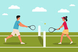 Vector illustration of an active man and woman playing tennis on a court. Vector illustration
