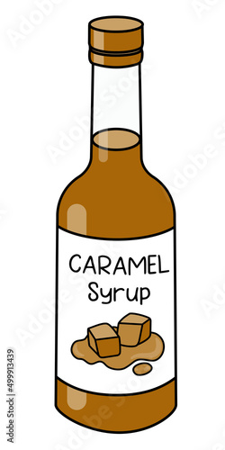 Doodle cartoon style toffee caramel syrup in a bottle. Sweet sugar breakfast pancake topping or cocktail ingredient. For card, stickers, posters, bar menu or cook book recipe