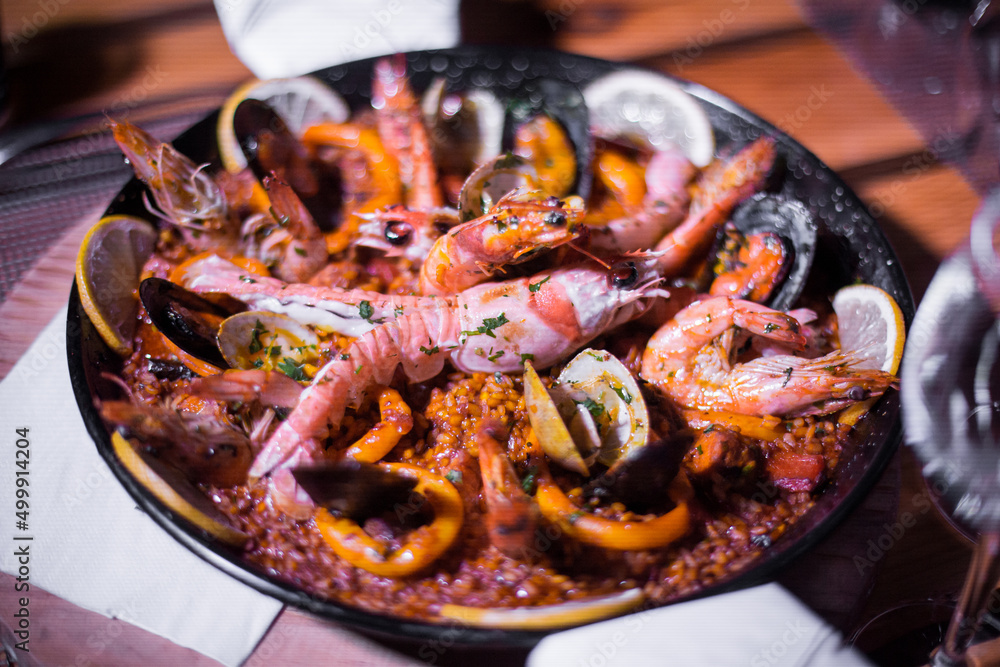 Fresh Paella dish on the table