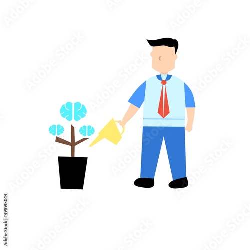 Vector graphic illustration of a student watering a science plant. Child in tie splashes brain tree with water. Perfect for logo and poster designs.