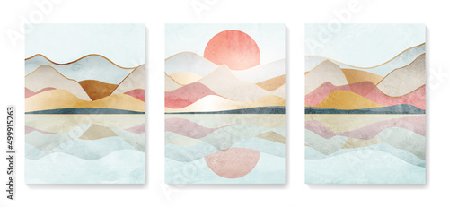 Luxury landscape art background with mountains and hills in a watercolor style with golden elements. Vector set of abstract posters for decoration, print, wallpaper, textile.