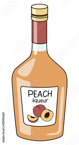 Doodle cartoon peach fruit liquor in a bottle. Hipster style vector illustration isolated on white background. Good for party card, posters, bar menu or alcohol cook book