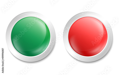 Red and green shiny 3d buttons. Round glass web icons with frame. Vector 3d illustration isolated on white background