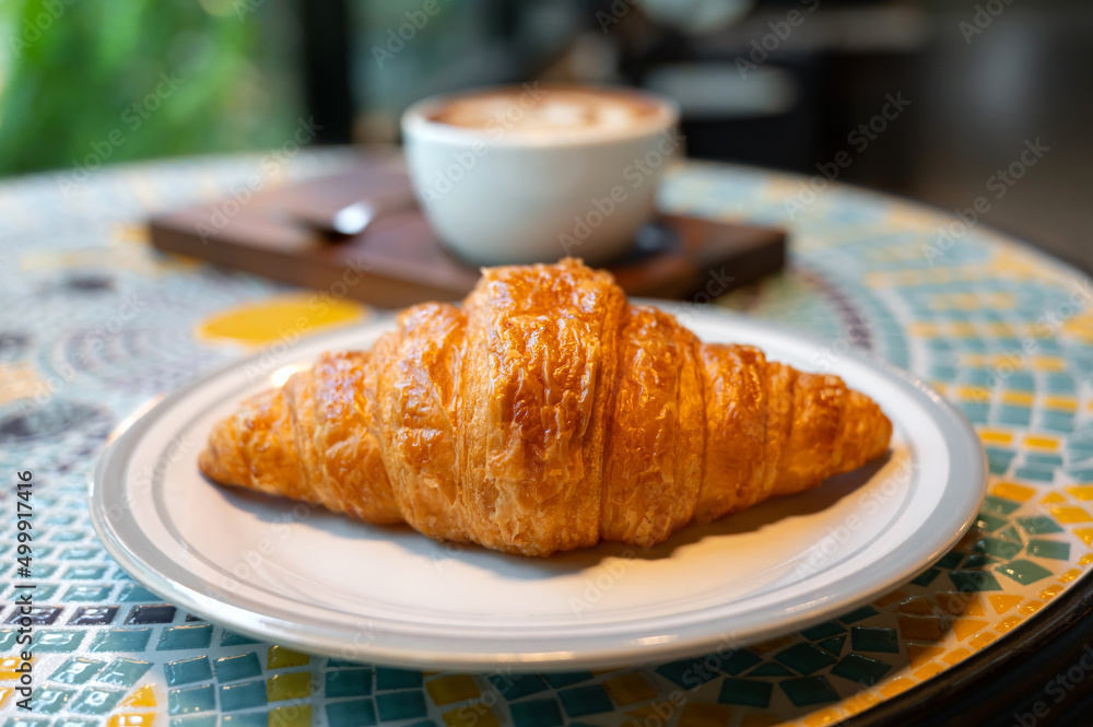 Croissant Coffee top view breakfast morning work office or Coffee shop.Breakfast launch, branch, hipster style. Croissant Coffee top view breakfast morning work office or Coffee shop.Breakfast launch, branch, hipster style.