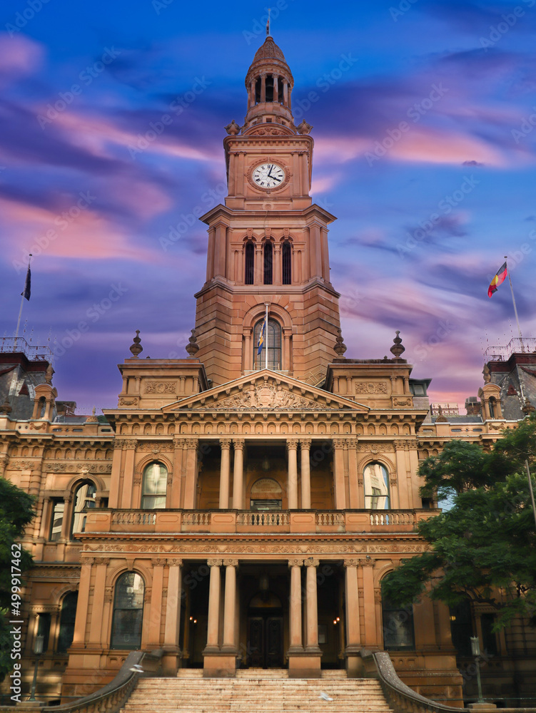 Sydney town hall on a nice sunset colours cloudy skies NSW Australia