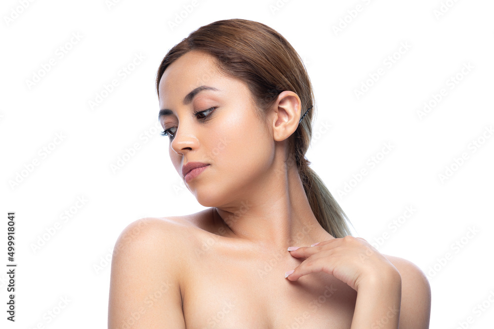 Close up portrait of a beautiful half naked woman with perfect, natural, clean and cosmetic skin and looking away. Isolated over white background. Close up portrait of a beautiful half naked woman with perfect, natural, clean and cosmetic skin and looking away. Isolated over white background.