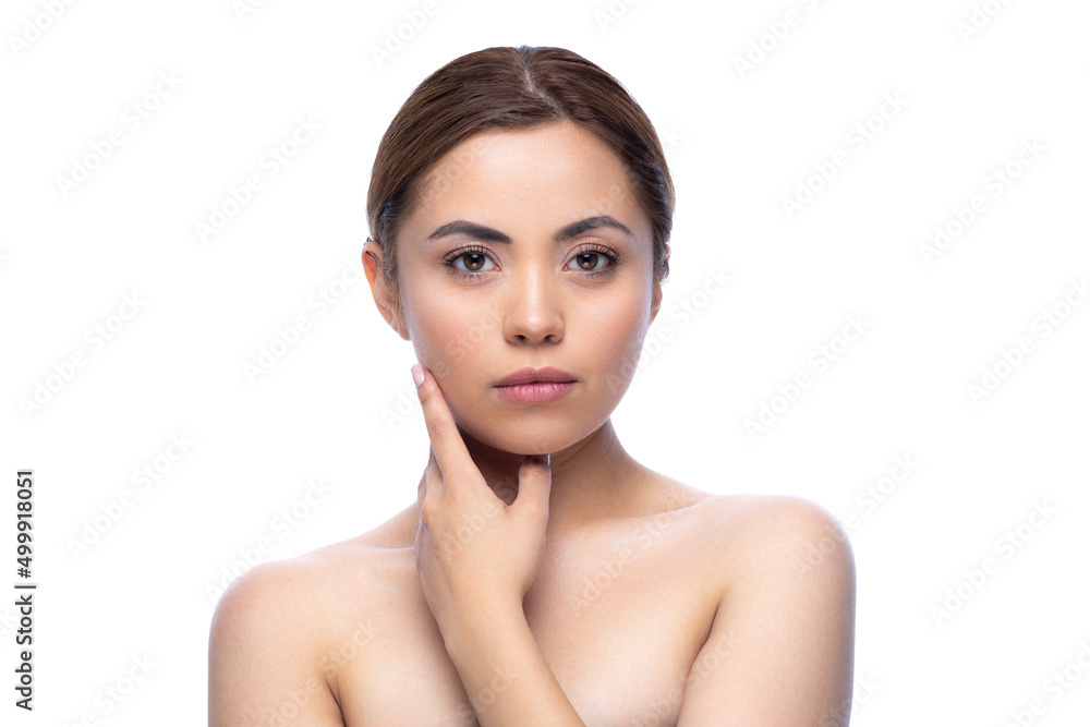Close up portrait of a beautiful half naked woman with perfect, natural, clean and cosmetic skin and looking ahead. Isolated over white background. Close up portrait of a beautiful half naked woman with perfect, natural, clean and cosmetic skin and looking ahead. Isolated over white background.