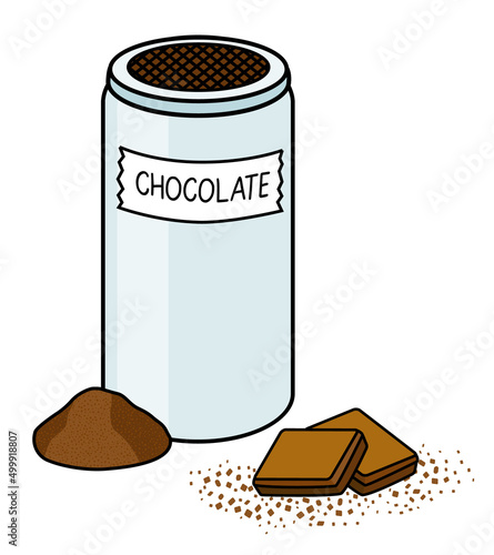 Doodle cartoon cocoa chocolate powder coffee dressing in a metallic jar. For menu, farmers market design, cookbook decoration, stickers etc