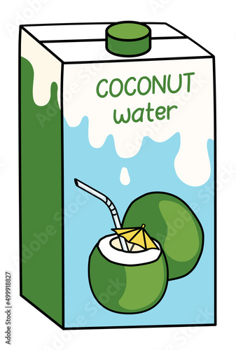 Doodle cartoon coconut water milk in a box. Pina colada cocktail or sweet dessert ingredient. For card, stickers, posters, bar menu or cook book recipe