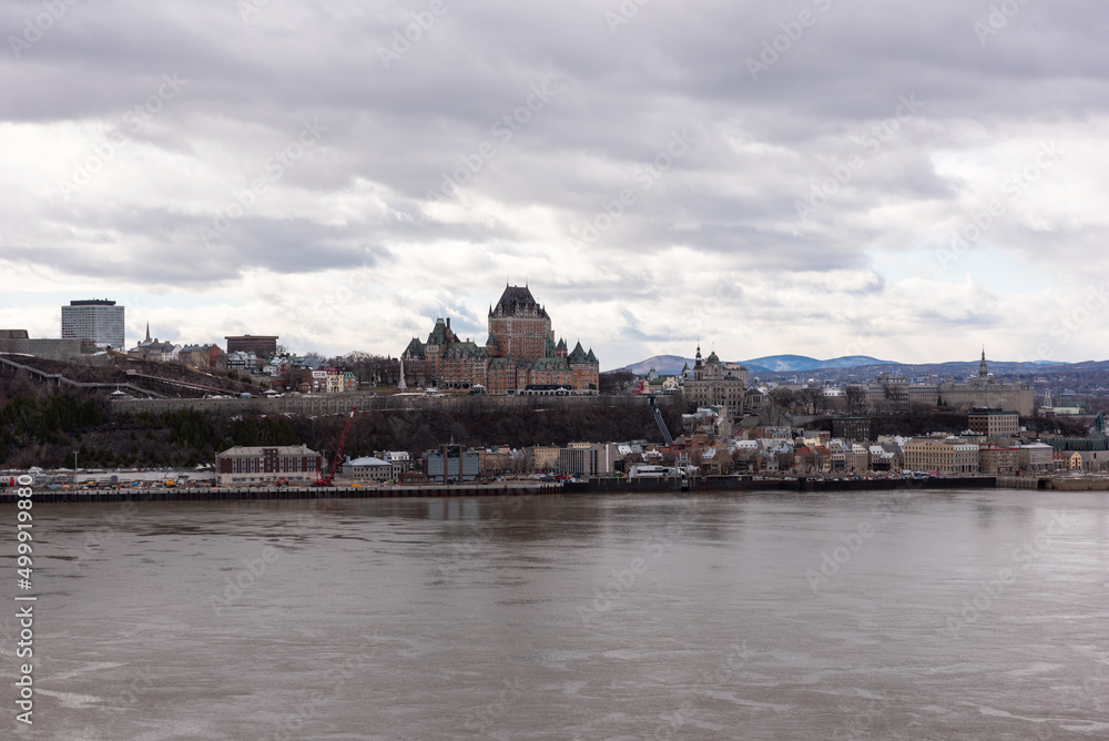 View of the old Quebec city and the Frontenac castle from the south shore of the St Lawrence river at Levis