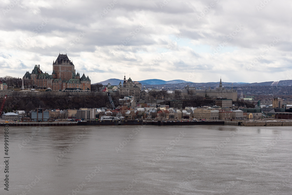 View of the old Quebec city and the Frontenac castle from the south shore of the St Lawrence river at Levis