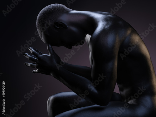 A male figure in distress with his hands on his forehead. 3D illustration.