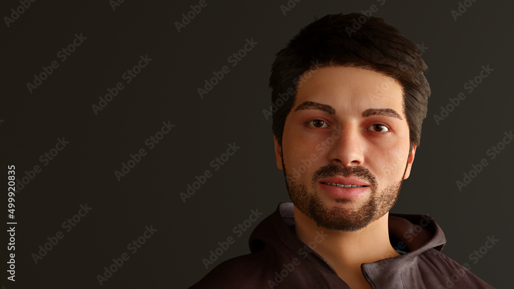 man portrait beard and mustache young photogenic person 3D illustration