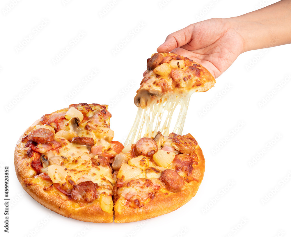 A slice of pizza with stretchy cheese. Isolated on a transparent  background. KI. Stock Illustration