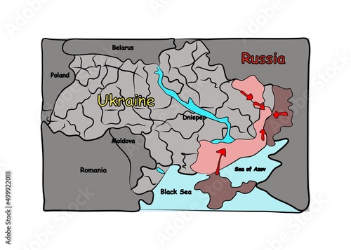 Ukraine war map. Russia and Ukraine military conflict 2022 in the southeast. Vector illustration modern