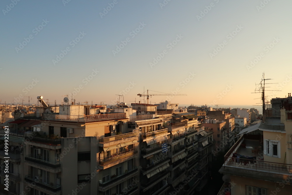 View from a rooftop in downtown Thessaloniki at golden hour